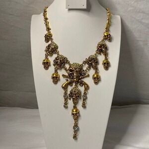 Skull & Bones Pirate Halloween Necklace, Gothic Skeleton Guns Statement Goldtone